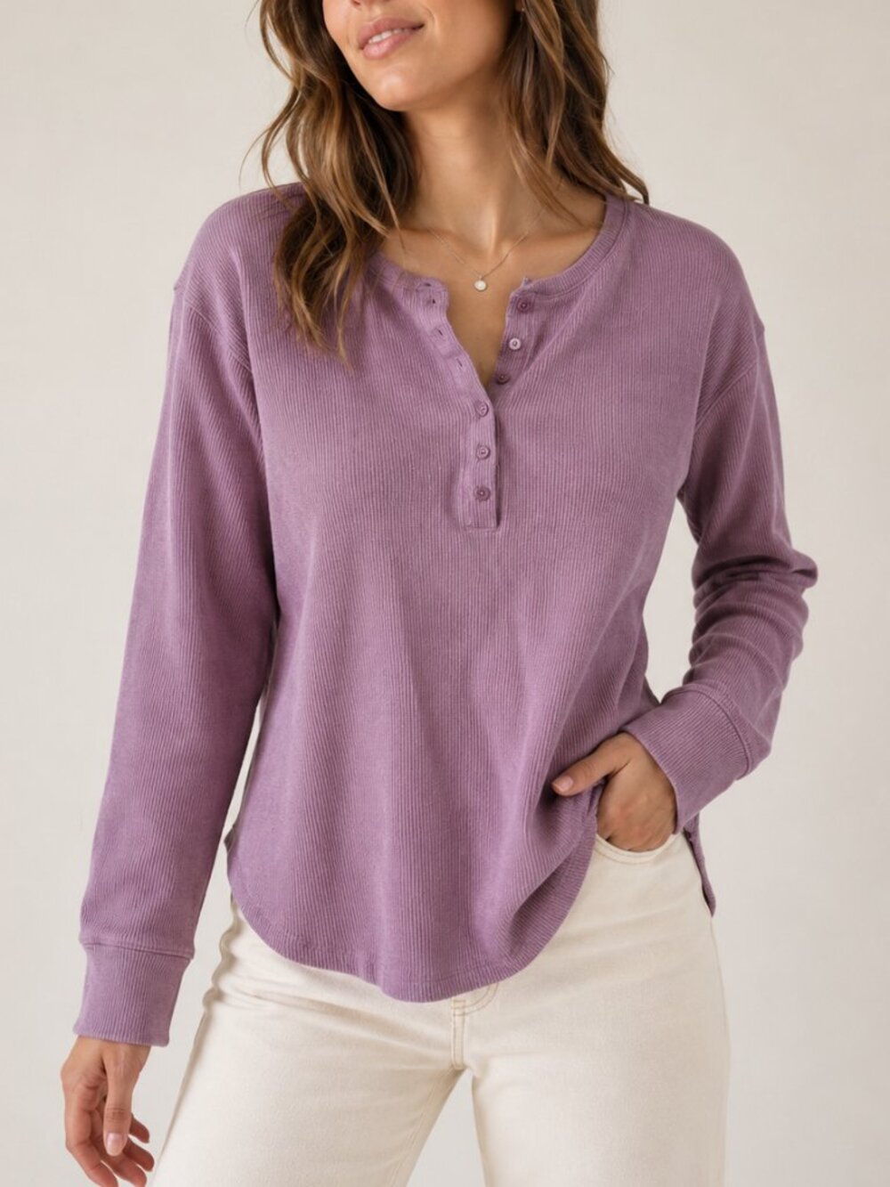 Dalia L Purple Waffle Knit Henley Long Sleeve Cotton Blend Thermal Top Layering